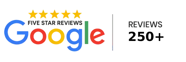 Google five-star reviews badge, 250+ reviews