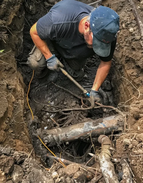 Plumber digging to repair an underground pipe in Sydney